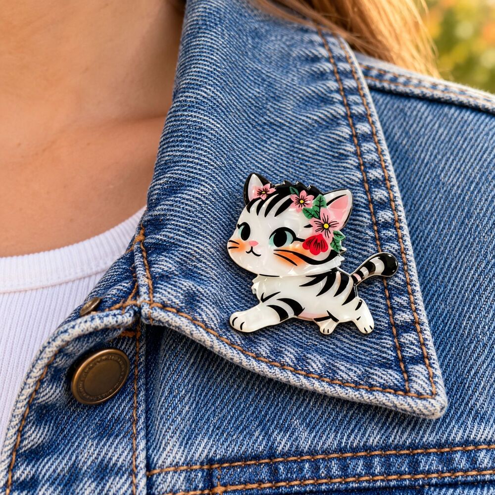Cute Floral Cat Acrylic Brooch Pin Black White Kitty Flowers Kawaii Jewelry